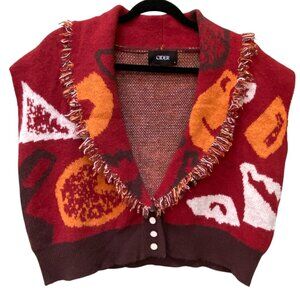 Cider Intarsia Knit Fringe Sweater Vest Sz S Oversized Button Maximalist Fall